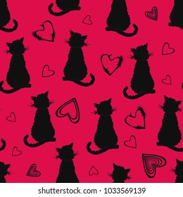 Seamless pattern of black cats and hearts on a red background