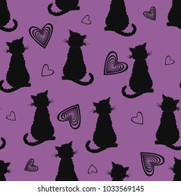 Seamless pattern of black cats and hearts on a violet background