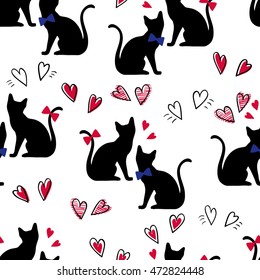 Seamless pattern black cats with hearts on a white background. Cat silhouette. Vector background