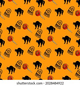 Seamless pattern with black cats and lollipops. Halloween illustration. Vector illustration