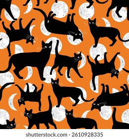 Seamless pattern with black cats and moons, cartoonish, simple Halloween style.