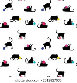 Seamless pattern: black cats with multi-colored balls. Vector cute hand drawn illustration.