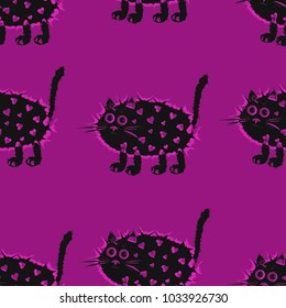 Seamless pattern of black cats on a purple background
