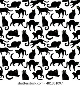 Seamless pattern with black cats on white background