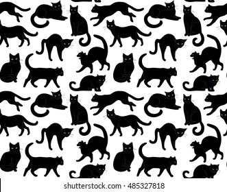 Seamless pattern with black cats on white background