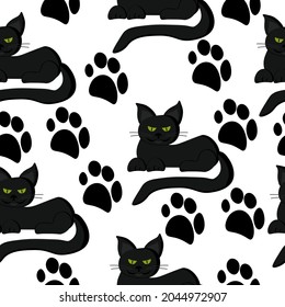seamless pattern of black cats and paw prints on a white background vector illustration