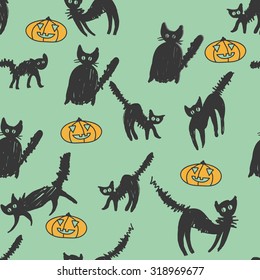 Seamless pattern with black cats and pumpkins. Halloween illustration with various black cats. 