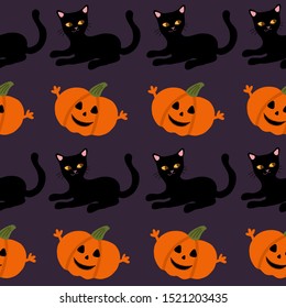 Seamless pattern of black cats and pumpkins.Hand draw characters.Suitable for decoration on a Halloween party. Cute pattern for wrapping paper and fabric