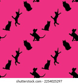 Patrón sin foco de siluetas de gatos negros sobre fondo rosa
