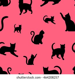 Seamless pattern with black cats silhouettes on pink background