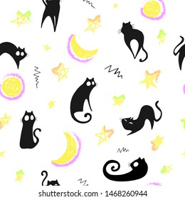 seamless pattern with black cats, stars, moon and decorative elements
