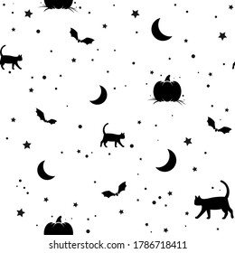 seamless pattern with black cats, stars, pumpkins and bats on white background. Halloween magic vector wallpaper. holiday fairy tale ornament