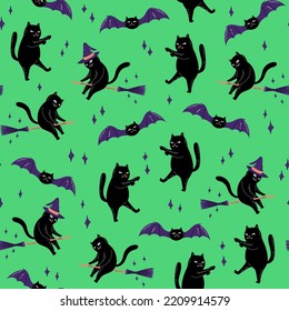 Seamless pattern with black cats vampire, witch on broom and cat bat. Happy halloween design