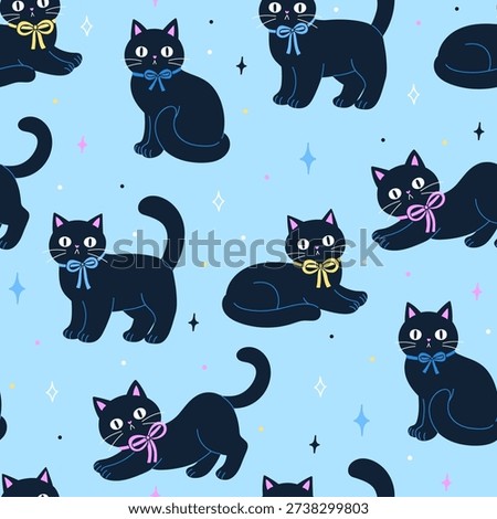 Seamless pattern with black cats wearing bows on their necks. Vector graphics.