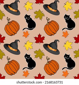 Seamless pattern with black cats, witch hat and Halloween pumpkins on an orange background. It can be used for scrapbooking digital paper, textile printing. Vector illustration