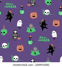 Seamless pattern with black cats zombie, skeleton, ghost, skull snail, grave and cat pumpkin. Happy halloween design