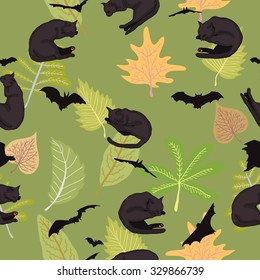 Seamless pattern with black cats,bats,and leaves