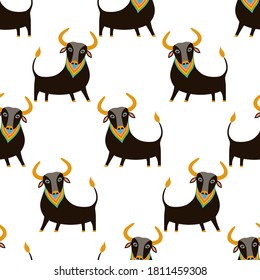 seamless pattern with black cattles in colored scarf isolated on white background, colored bulls backdrop, vector illustration, animal print
