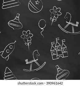 Seamless pattern black chalk board with white children's chalk drawings. Hand-drawn style. Seamless vector wallpaper with the image of balloon, flower, horse, pyramid, rocket, ball, whirligig