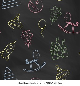 Seamless pattern black chalk board with color children's chalk drawings. Hand-drawn style. Seamless vector wallpaper with the image of balloon, flower, horse, pyramid, rocket, ball, whirligig