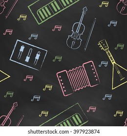 Seamless pattern black chalk board with color children's chalk drawings. Hand-drawn style. Seamless vector wallpaper with the image of musical instruments  piano, balalaika, mixer, violin bow, note