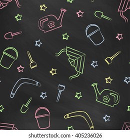 Seamless pattern black chalk board with color children's chalk drawings. Hand-drawn style. Seamless vector wallpaper with the image of kite flying, head, boomerang, star, bucket, shovel, rake