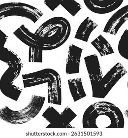 Patrón sin fisuras con graffiti de carbón negro varias Formas geométricas. Fondo Abstractas con el pincel del marcador atrevido dibujado. Ideal para textiles, tela, Fondo de pantalla, envoltura, scrapbook y embalaje	