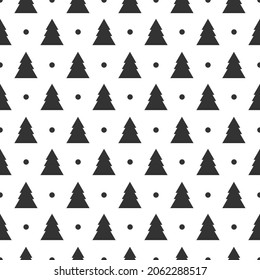 Seamless pattern black Christmas tree icon and little dot. Flat design vector illustration isolated on white background.
