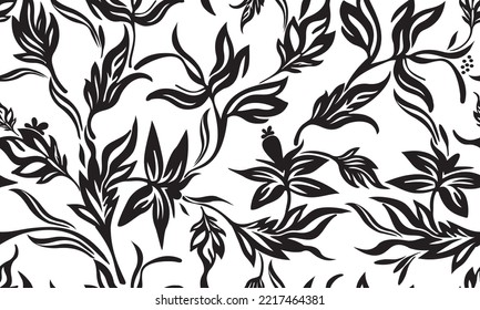 Seamless pattern with black chrysanthemums and leaves for gift wrapping, textile, printing, wallpaper.