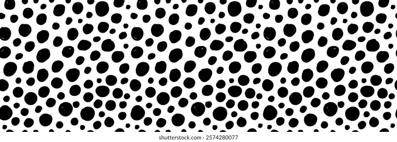 Seamless pattern with black circles on a white background. Doodle hand drawn texture. Perfect for fabric, gift wrap, postcards, or home decor like pillows and curtains. Vector illustration