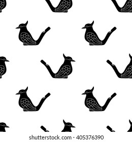 Seamless pattern with black clay whistle bird on white background. Stock vector illustration.