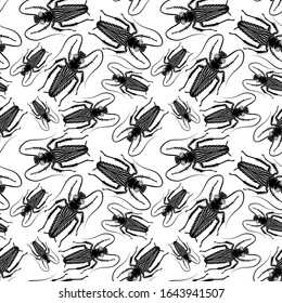Seamless pattern with black cockroaches in gas masks on a white background.
