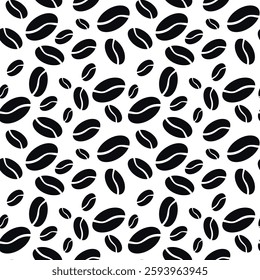 Seamless pattern of black coffee beans on a white background, wallpaper, packaging for coffeeshops and hot drink shops, Americano, cappuccino.