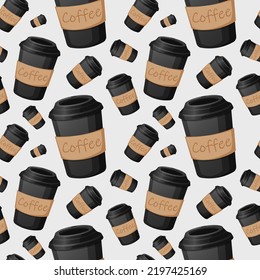 Seamless pattern with black coffee cups on white background