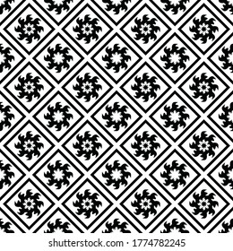 Patrón sin brillo de color negro abstracto de motivos florales sobre fondo blanco para textil y azulejos. Tejidos interminables con vector plano geométrico simple y contemporáneo para papel tapiz.
