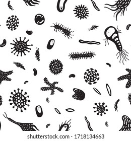 Seamless pattern with black color doodle germ, microorganism, bacteria, virus cell 