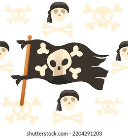 Seamless pattern Black color pirate flag with skull and bones vector illustration on white background