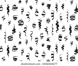 Patrón sin costuras de confeti negro, serpentina sobre un fondo blanco, patrón para vacaciones y fiestas. Gráficos de Vector para textil e impresión