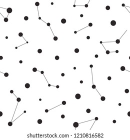 Seamless pattern with black constellations and dots on white background. Vector illustration. Night sky, universe, space. Galaxy  background.  Cosmos texture for paper, wrapping and fabric.