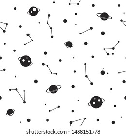Seamless pattern with black constellations, planets and stars on white background. Vector illustration. Night sky, universe, space. Galaxy  background.  Cosmos texture for paper, wrapping and fabric.