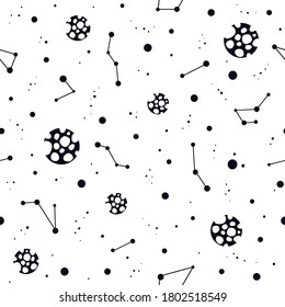 Seamless pattern with black constellations, planets and stars on white background. Vector illustration. Night sky, universe, space. Galaxy  background.  Cosmos texture for paper, wrapping and fabric.