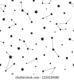 Seamless pattern with black constellations and  stars on white background. Vector illustration. Night sky, universe, space. Galaxy  background.  Cosmos texture for paper, wrapping and fabric.