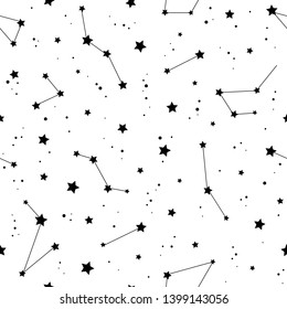 Seamless pattern with black constellations and  stars on white background. Vector illustration. Night sky, universe, space. Galaxy  background.  Cosmos texture for paper, wrapping and fabric.