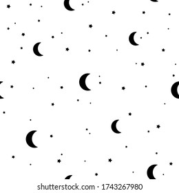 Seamless pattern with black constellations, stars and moon crescent on white background. Vector illustration. Night sky, universe, space. Galaxy  background.  Cosmos texture for paper, wrapping.
