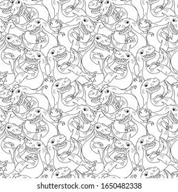 Seamless pattern with black contour drawings of dinosaurs on a white background.