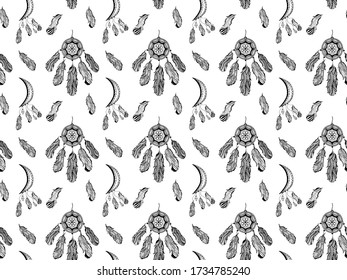 Patrón sin foco de contorno negro capta y se acentúa con plumas de pájaro colgante y cristales mágicos en un estilo zentángulo dibujado a mano sobre un fondo blanco. Vector.