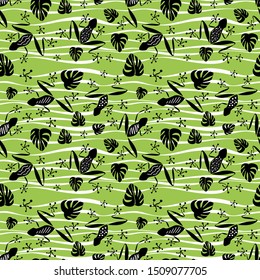 Seamless pattern. Black contour frogs and white waves on green backround. Vector graphic illustration.