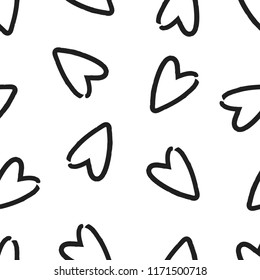 Seamless pattern with black contour hearts on a white background. Vector abstract background. Scandinavian style. Printing on fabric, clothing, cases, packaging, paper, wallpaper.