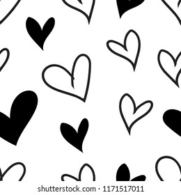 Seamless pattern with black contour hearts on a white background. Vector abstract background. Scandinavian style. Printing on fabric, clothing, cases, packaging, paper, wallpaper.