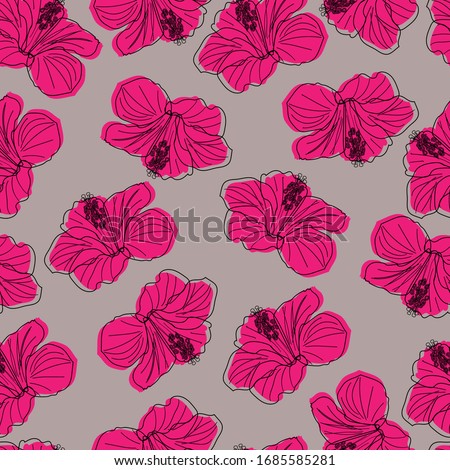 seamless pattern. black contour of hibiscus flowers and shifted to the right pink filling of petals on a light gray background